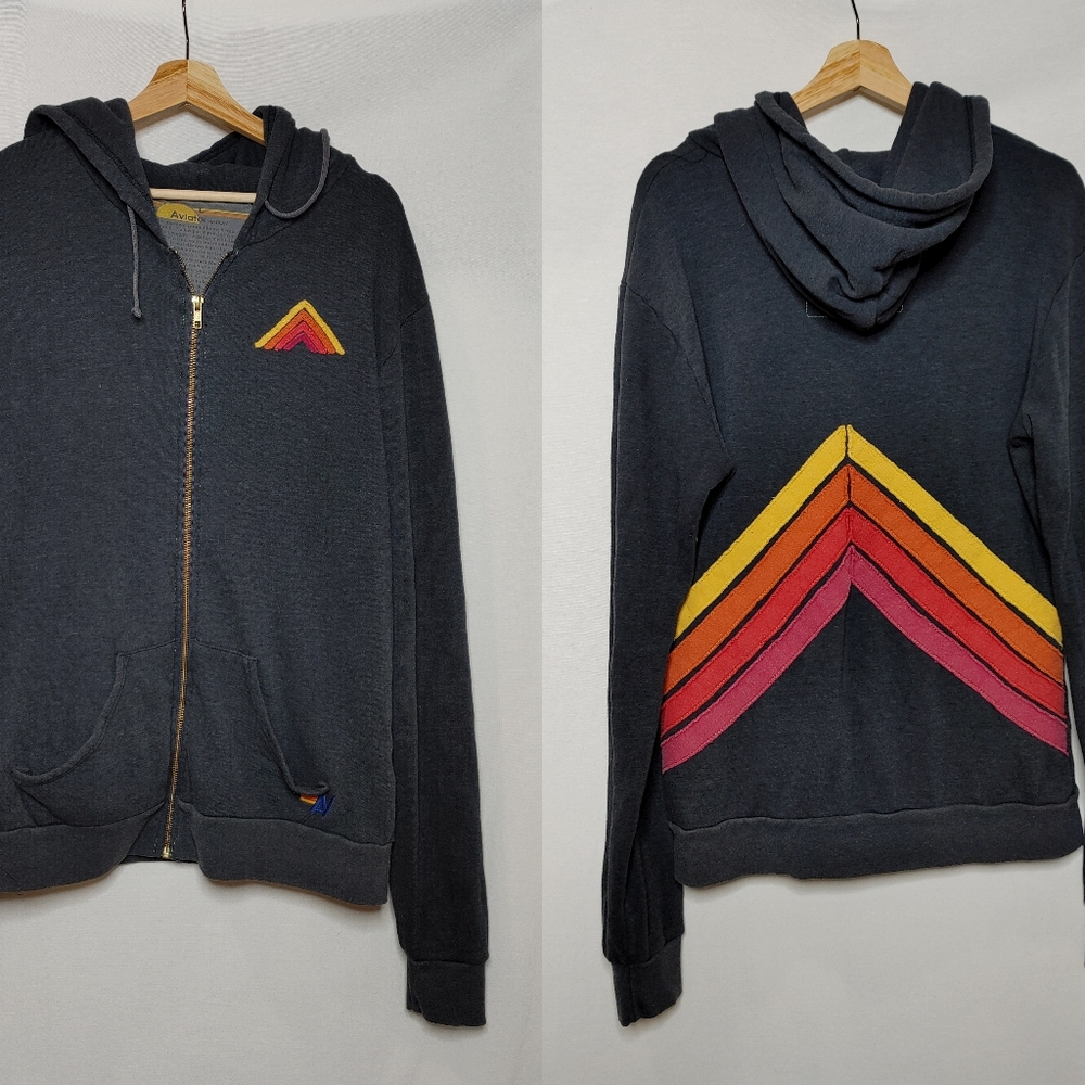 Aviator Nation Black Zip Hoodie with Yellow Orange Pink Chevron